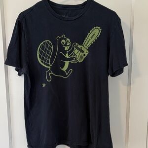 Dark Blue Ames Bros T-Shirt with Squirrel Chainsaw Graphic